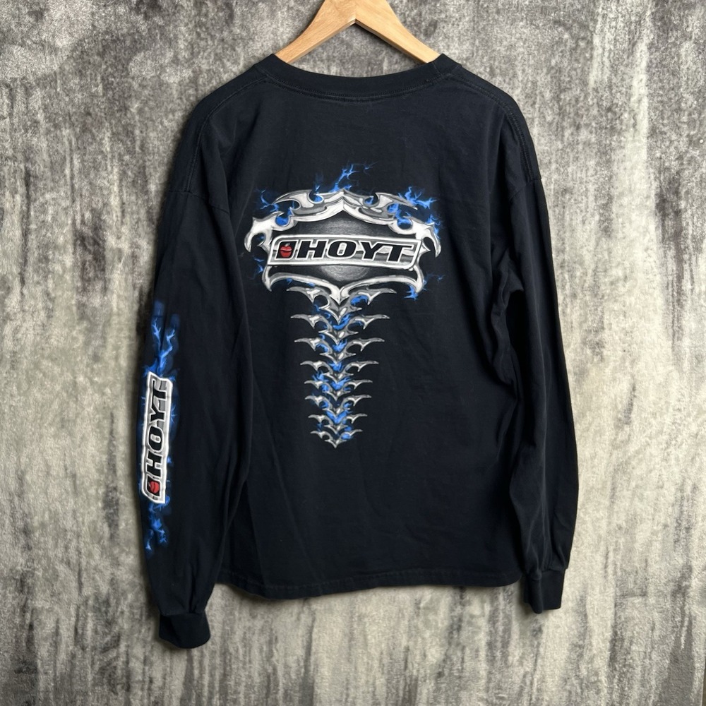 Vintage Y2K Hoyt Archery Blue Flame Long Sleeve Shirt Gildan XL Black Faded Rare